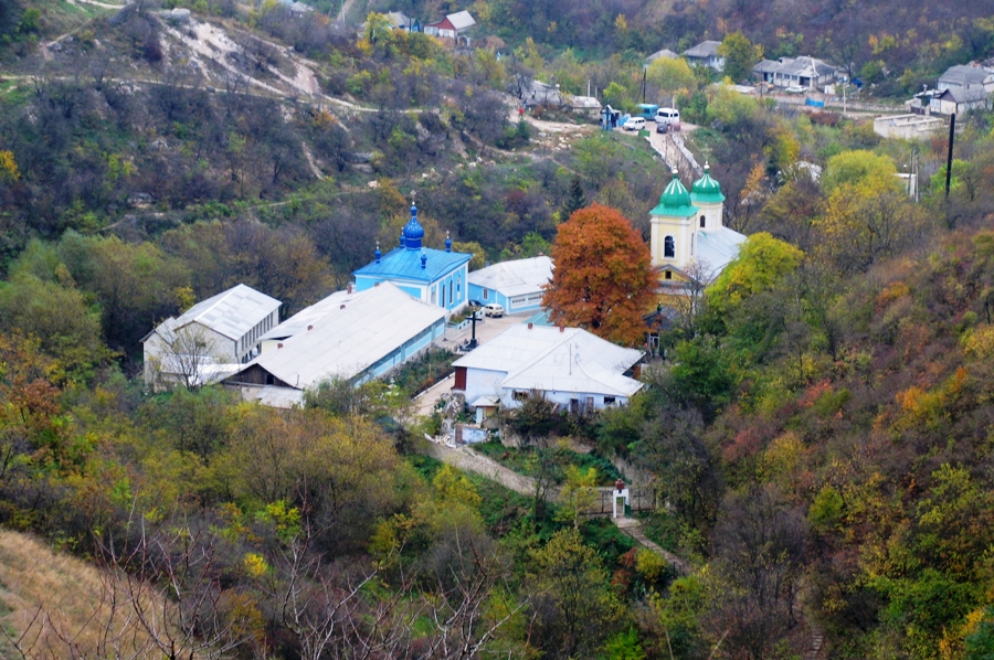 Vedere spre mănăstirea Saharna şi platoul de pe vîrful Defileului (prim plan) - toamna