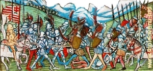 Господарское знамя Штефана Великого на гравюре битвы при Байе 1467 года (справа - войско Штефана, слева - венгры)