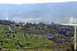 Vedere de sus spre satul Temeleuţi şi lacul de acumulare de pe rîul Bîc