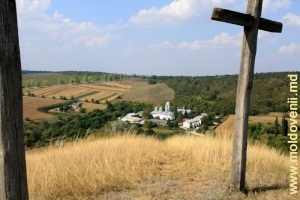 Вид от крестов на вершине горы «Голгофа» на монастырь Добруша