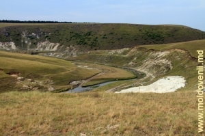 Вид на долину реки со склона ущелья. Видны карьер и выработки в скалах