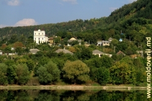 Вид через Днестр на центр села Рашков