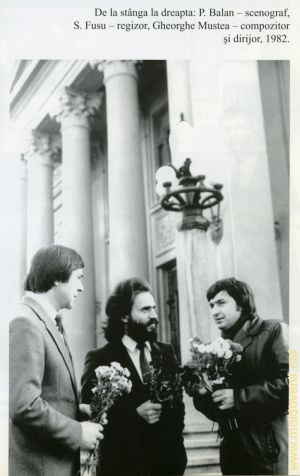 Слева направо: П. Балан – сценограф, С. Фусу – режиссер, Георгий Мустя – композитор и дирижер, 1982 год