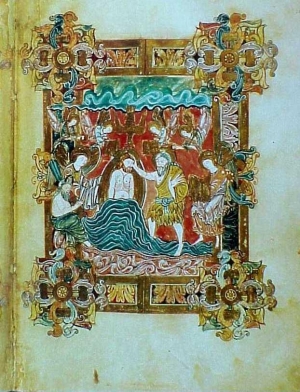Botezul lui Hristos. Miniatură din sec.X.Şcoala anglo-saxonă